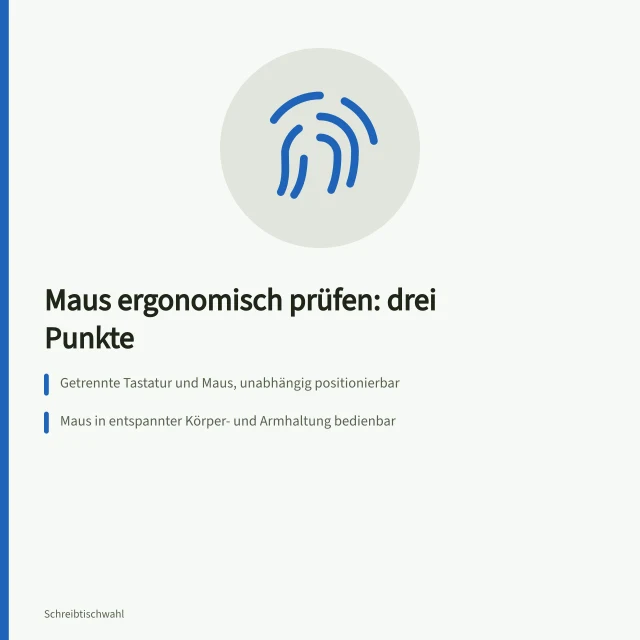 Karte zur ergonomischen Mausprüfung mit drei DGUV-Kriterien. Ergonomische Maus: Armhaltung am Arbeitsplatz prüfen