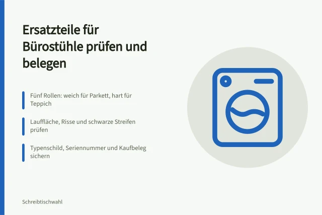 Bürostuhlrollen von unten mit abgeflachter Lauffläche und Typenschild. Ersatzteile für Bürostühle: Verschleißpunkte erkennen und Nachweise sichern