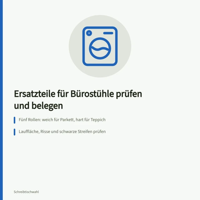 Bürostuhlrollen von unten mit abgeflachter Lauffläche und Typenschild. Ersatzteile für Bürostühle: Verschleißpunkte erkennen und Nachweise sichern