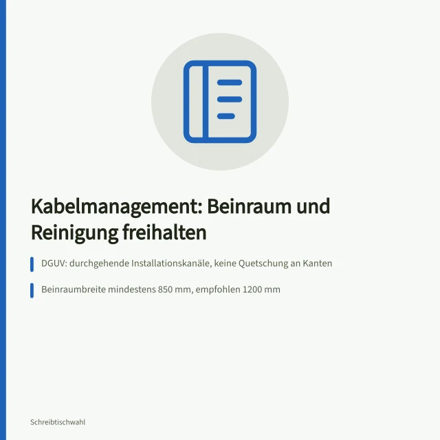 Kabelmanagement am Schreibtisch: Beinraum, Installationskanäle und Bewegungsfläche planen. Kabelmanagement am Schreibtisch: Beinraum und Reinigung freihalten