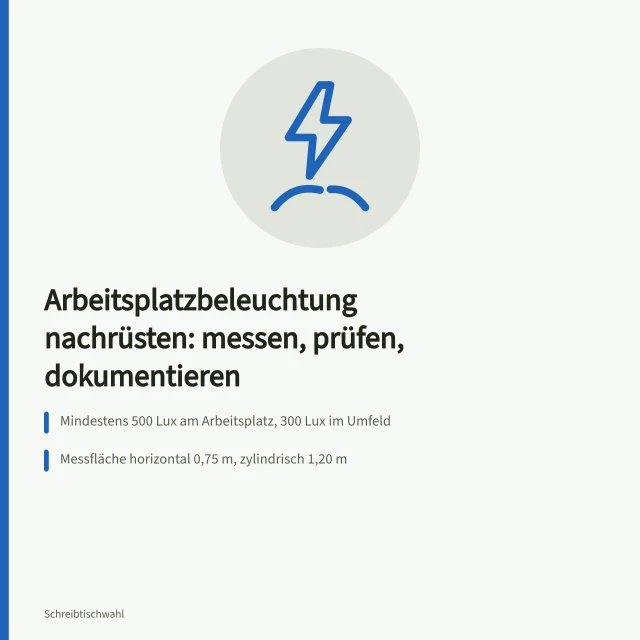 Messung der Beleuchtungsstärke am Arbeitsplatz mit Luxmeter. Leuchten am Arbeitsplatz nachrüsten, messen und Wirksamkeit prüfen