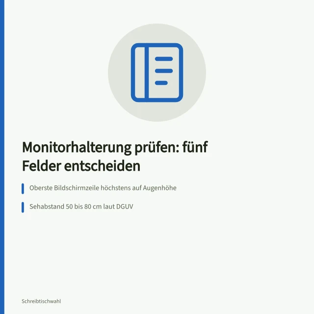 Fünf Prüffelder für ergonomische Bildschirmaufstellung am Arbeitsplatz. Monitorhalterung prüfen und Bildschirm ergonomisch aufstellen