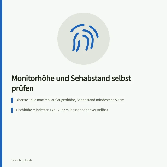 Karte zur Prüfung von Monitorhöhe und Sehabstand am Schreibtisch. Monitorhöhe und Sehabstand am eigenen Schreibtisch eigenständig prüfen